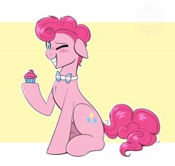 Size: 4096x3897 | Tagged: safe, artist:confetticakez, pinkie pie, earth pony, pony, g4, blushing, bowtie, bubble berry, cupcake, food, grin, male, one eye closed, pride, pride flag, smiling, solo, trans male, transgender, transgender pride flag, wink