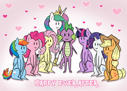 Size: 1030x738 | Tagged: safe, artist:vavacung, applejack, fluttershy, pinkie pie, princess celestia, rainbow dash, rarity, spike, twilight sparkle, alicorn, dragon, earth pony, pegasus, pony, unicorn, series:the day spike stopped caring and made love to everpony he cares for, g4, clopfic linked in description, female, male, mane seven, mane six, mare, twilight sparkle (alicorn)