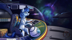Size: 1536x864 | Tagged: safe, artist:calena, oc, oc only, oc:soaring spirit, pegasus, pony, armor, coat markings, cockpit, facial markings, glasses, male, markings, multicolored hair, multicolored mane, nebula, pegasus oc, radar, raffle prize, solo, space, spaceship, spacesuit, stallion, stars, three toned wings, wing armor, wing brace, wings