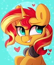 Size: 1693x2048 | Tagged: safe, artist:sakukitty, sunset shimmer, pony, unicorn, g4, bust, cute, female, headphones, heart, mare, shimmerbetes, smiling, solo