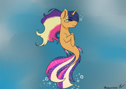 Size: 2912x2059 | Tagged: safe, artist:pegasus3265, oc, oc only, merpony, pony, seapony (g4), unicorn, blue background, bubble, deviantart watermark, dorsal fin, eyes closed, fish tail, flowing mane, flowing tail, high res, horn, multicolored hair, obtrusive watermark, ocean, seaponified, simple background, smiling, solo, species swap, tail, teeth, underwater, water, watermark
