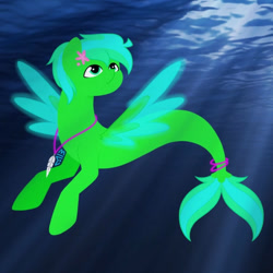 Size: 883x883 | Tagged: safe, artist:mekeila13, oc, oc only, pegasus, pony, seapony (g4), crepuscular rays, dark, fin wings, fish tail, flowing tail, jewelry, looking up, necklace, ocean, seaponified, solo, species swap, spread wings, sunlight, tail, underwater, water, wings