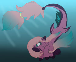 Size: 1600x1312 | Tagged: safe, artist:werewolfpoison, oc, oc only, merpony, seapony (g4), dorsal fin, fish tail, flowing mane, flowing tail, green eyes, ocean, signature, solo, sunlight, swimming, tail, underwater, water
