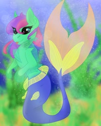 Size: 1240x1550 | Tagged: safe, artist:bumblekitty82, oc, oc only, merpony, bubble, crepuscular rays, dorsal fin, eyelashes, green eyes, mermaid tail, ocean, pink mane, seaweed, smiling, solo, swimming, tongue out, underwater, water