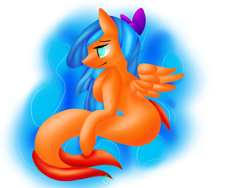 Size: 2048x1536 | Tagged: safe, artist:nichibostu, oc, oc only, merpony, seapony (g4), blue mane, bubble, dorsal fin, feather, female, fish tail, flowing tail, lidded eyes, ocean, ribbon, signature, simple background, smiling, solo, tail, underwater, water, wings