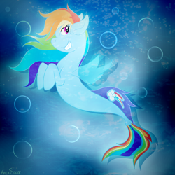 Size: 1000x1000 | Tagged: safe, artist:knoxsauce, rainbow dash, pegasus, pony, seapony (g4), g4, blue background, bubble, dorsal fin, female, fin wings, fish tail, flowing mane, flowing tail, grin, ocean, pink eyes, seaponified, seapony rainbow dash, simple background, smiling, solo, species swap, tail, teeth, underwater, water, wings
