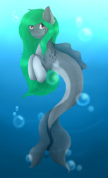 Size: 1914x3132 | Tagged: safe, artist:galaxyember, oc, oc only, merpony, seapony (g4), bubble, crepuscular rays, dorsal fin, fish tail, flowing mane, flowing tail, green mane, looking at you, ocean, red eyes, signature, smiling, solo, sunlight, tail, underwater, water
