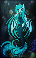 Size: 1258x2018 | Tagged: safe, artist:aquaangel1010, oc, oc only, merpony, pony, seapony (g4), unicorn, blue eyes, blue mane, bubble, crepuscular rays, eyelashes, female, fin wings, fish tail, flowing mane, flowing tail, horn, looking at you, ocean, open mouth, rock, sand, seaponified, solo, species swap, sunlight, swimming, tail, underwater, water, wings