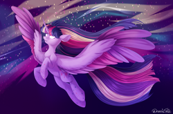 Size: 5000x3300 | Tagged: safe, artist:neonishe, twilight sparkle, alicorn, pony, g4, absurd resolution, colored wings, colored wingtips, flying, glowing eyes, horn, rainbow power, solo, twilight sparkle (alicorn), wings