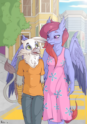 Size: 2104x3000 | Tagged: safe, artist:neko-me, oc, oc only, oc:blake, oc:kelsie, griffon, hippogriff, anthro, blushing, building, commission, couple, crosswalk, female, griffon oc, high res, hippogriff oc, interspecies, male, oc x oc, shipping, straight, tree, walking, wings