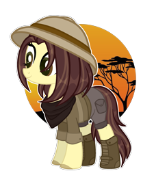 Size: 2125x2356 | Tagged: safe, artist:aurorakaufmann, oc, oc only, oc:safari sunset, earth pony, pony, bandana, belt, boots, clothes, female, hat, high res, mare, shirt, shoes, shorts, simple background, solo, transparent background