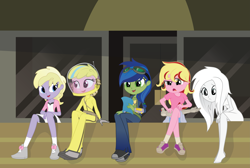 Size: 7457x5006 | Tagged: safe, artist:geekladd, oc, oc only, oc:boo, oc:puppysmiles, oc:scotch tape, oc:serenity (fallout equestria: heroes), oc:silver bell, fallout equestria, fallout equestria: heroes, fallout equestria: pink eyes, fallout equestria: project horizons, equestria girls, g4, barefoot, clothes, equestria girls-ified, fanfic art, feet, female, fixing, goggles, group, open mouth, outdoors, pipboy, prosthetic arm, prosthetic limb, prosthetics, radiation suit