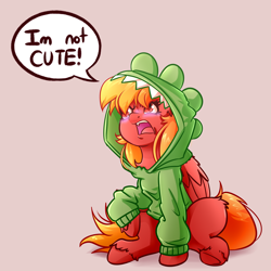 Size: 4000x4000 | Tagged: safe, artist:witchtaunter, oc, oc only, pegasus, pony, angry, animal costume, animal onesie, blatant lies, blushing, clothes, commission, costume, dinosaur costume, female, hoodie, i'm not cute, kigurumi, onesie, simple background, sitting, solo, speech bubble, upset