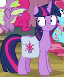 Size: 521x625 | Tagged: safe, screencap, cup cake, pinkie pie, spike, twilight sparkle, alicorn, dragon, pony, a trivial pursuit, g4, season 9, bag, cropped, female, mare, saddle bag, shocked, surprised, twilight sparkle (alicorn), winged spike, wings