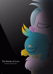 Size: 2950x4100 | Tagged: safe, artist:johnerose126, gallus, silverstream, classical hippogriff, griffon, hippogriff, fanfic:a day for family, fanfic:the bonds of love, g4, fanfic, fanfic art, fanfic cover, female, hug, interspecies, male, ship:gallstream, shipping, straight, winghug, wings