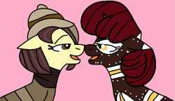 Size: 561x324 | Tagged: safe, artist:jadeharmony, artist:theponygaming, oc, oc only, oc:figjam outback, oc:safari sunset, earth pony, pony, unicorn, bandana, base used, bedroom eyes, boop, clothes, female, hat, lesbian, looking at each other, mare, markings, noseboop, oc x oc, open mouth, pink background, shipping, shirt, simple background