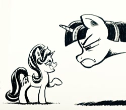 Size: 1024x903 | Tagged: safe, artist:mellodillo, starlight glimmer, twilight sparkle, alicorn, pony, unicorn, g4, black and white, female, frown, grayscale, grin, height difference, looking at each other, mare, micro, monochrome, nervous, nervous smile, sheepish grin, simple background, size difference, smiling, twilight sparkle (alicorn), twilight sparkle is not amused, unamused, white background