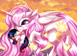 Size: 4907x3541 | Tagged: safe, artist:krissstudios, princess celestia, oc, alicorn, pony, g4, alicorn oc, baby, baby alicorn, baby pony, chibi, child, cookie, daughter, female, food, horn, momlestia, mother, mother and child, mother and daughter, mouth hold, pink-mane celestia, wings