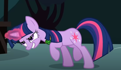 Size: 762x438 | Tagged: safe, screencap, twilight sparkle, pony, unicorn, g4, magic duel, season 3, confident, cropped, glowing horn, grin, horn, magic, magic aura, raised hoof, smiling, solo, unicorn twilight