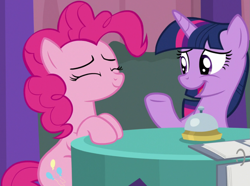 Size: 1259x936 | Tagged: safe, screencap, pinkie pie, twilight sparkle, alicorn, earth pony, pony, a trivial pursuit, g4, season 9, bell, cropped, cute, diapinkes, duo, duo female, eyes closed, female, mare, twiabetes, twilight sparkle (alicorn)