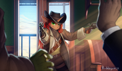 Size: 2840x1642 | Tagged: safe, artist:rublegun, oc, oc only, unicorn, anthro, bar, clothes, commission, crepuscular rays, gloves, green eyes, gun, high res, indoors, offscreen character, pants, suit, weapon, wild west