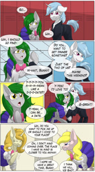 Size: 1280x2311 | Tagged: safe, artist:calamity-studios, oc, oc only, oc:bunny beat, oc:ice shot, oc:prima cella, earth pony, pony, unicorn, comic:black star tales, asking out, clothes, comic, earth pony oc, female, horn, jealous, male, mare, nervous, oc x oc, school uniform, shipping, skirt, stallion, straight, unicorn oc, yandere