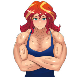Size: 600x600 | Tagged: safe, artist:tzc, sunset shimmer, equestria girls, g4, biceps, blushing, buff, clothes, crossed arms, female, fetish, human coloration, looking at you, muscle fetish, muscles, muscular female, pecs, simple background, smiling, solo, sunset lifter, tank top, vein, vein bulge, white background