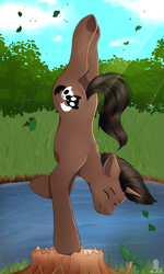 Size: 1200x2000 | Tagged: safe, artist:monsoonvisionz, oc, oc only, pony, unicorn, handstand, leaves, slender, solo, thin, tree stump, upside down, water