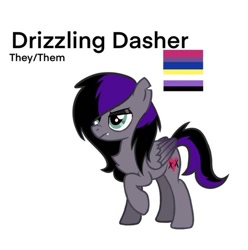 Size: 606x612 | Tagged: safe, artist:revenge.cats, oc, oc only, oc:drizzling dasher, pegasus, pony, bisexual pride flag, colored wings, emo, eyeshadow, fangs, frown, gradient wings, makeup, nonbinary, nonbinary pride flag, pride, pride flag, reference sheet, scar, simple background, solo, wings