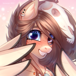 Size: 2000x2000 | Tagged: safe, artist:fenwaru, oc, oc only, oc:ondrea, pegasus, pony, wolf, blushing, braid, bust, coat markings, ear piercing, face paint, facial markings, feather, female, freckles, high res, icon, jewelry, long hair, looking at you, mare, necklace, piercing, portrait, skull, smiling, snip (coat marking), solo, spread wings, tall, thick, wings