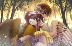 Size: 3400x2200 | Tagged: safe, artist:fenwaru, oc, oc only, oc:ondrea, oc:swango, hippogriff, pegasus, pony, blushing, braid, bust, cute, face paint, feather, forest, freckles, high res, hug, icon, long hair, portrait, skull, smiling, snuggling, spread wings, swandrea, tall, thick, wings