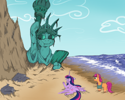 Size: 976x783 | Tagged: safe, artist:jargon scott, sunny starscout, twilight sparkle, alicorn, earth pony, pony, g4, g5, beach, butt, crying, damn you all to hell!, duo, female, g5 collapse of equestria, manehattan, mare, missing cutie mark, parody, planet of the apes, plot, scene parody, statue, statue of friendship, statue of liberty, twilight sparkle (alicorn), you blew it up