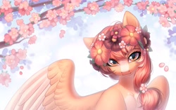 Size: 3507x2200 | Tagged: safe, artist:fenwaru, oc, oc only, pegasus, pony, bedroom eyes, blaze (coat marking), bust, coat markings, facial markings, female, floral head wreath, flower, flower in hair, high res, looking at you, mare, pale belly, solo, spread wings, tree, two toned wings, wings