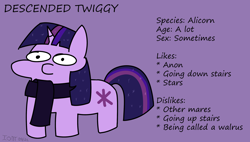 Size: 2656x1512 | Tagged: safe, artist:ionlydrawtwi, twilight sparkle, descended twilight, g4, clothes, ethereal mane, female, mare, reference sheet, scarf, squatpony, standing, starry mane, style emulation, stylistic suck, twiggie