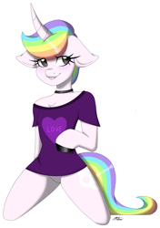 Size: 1719x2435 | Tagged: safe, alternate version, artist:melodytheartpony, oc, pony, unicorn, semi-anthro, chest fluff, clothes, commission, cute, featureless crotch, kneeling, male, rainbow, smiling, solo, ych result