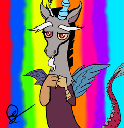 Size: 1051x1080 | Tagged: source needed, safe, artist:thedickgolf, discord, draconequus, g4, fanart, looking at you, male, rainbow, rainbow background, signature, solo