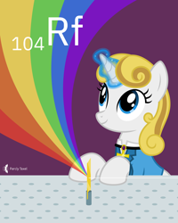 Size: 4000x5000 | Tagged: safe, artist:parclytaxel, oc, oc only, oc:guiding light, pony, unicorn, series:joycall6's periodic table, .svg available, absurd resolution, ankh, chemistry, clothes, commission, experiment, female, jewelry, looking up, magic, magic aura, mare, necklace, periodic table, pink background, rainbow, rutherfordium, science, simple background, sitting, smiling, solo, suit, vector