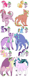 Size: 2000x5320 | Tagged: safe, artist:inkprism, applejack, fluttershy, pinkie pie, rainbow dash, rarity, spike, twilight sparkle, oc, alicorn, dracony, dragon, earth pony, hybrid, pegasus, pony, unicorn, g4, claws, dragon wings, female, horns, interspecies offspring, male, mane seven, mane six, offspring, parent:applejack, parent:fluttershy, parent:pinkie pie, parent:rainbow dash, parent:rarity, parent:spike, parent:twilight sparkle, parents:applespike, parents:flutterspike, parents:pinkiespike, parents:rainbowspike, parents:sparity, parents:twispike, ship:applespike, ship:flutterspike, ship:pinkiespike, ship:rainbowspike, ship:sparity, ship:twispike, shipping, simple background, slit pupils, spike gets all the mares, straight, transparent background, wings