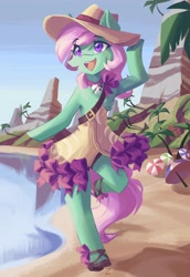 Size: 2821x4096 | Tagged: safe, artist:saxopi, oc, oc only, earth pony, semi-anthro, arm hooves, beach, beach umbrella, clothes, female, palm tree, solo, tree