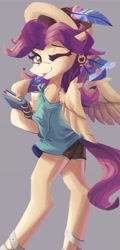 Size: 1770x3698 | Tagged: safe, artist:saxopi, oc, oc only, pegasus, semi-anthro, arm hooves, clothes, feather, hat, shorts, solo, tongue out