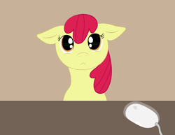 Size: 3300x2550 | Tagged: safe, artist:huntclaw, apple bloom, earth pony, pony, g4, apple (company), computer, computer mouse, female, filly, floppy ears, high res, imgur, missing accessory, reflection, solo