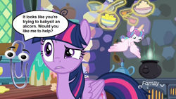 Size: 960x540 | Tagged: safe, edit, edited screencap, screencap, princess flurry heart, twilight sparkle, alicorn, pony, g4, my little pony best gift ever, cauldron, clippit, confused, crossover, discovery family logo, kitchen, speech bubble, talking, text, twilight sparkle (alicorn)