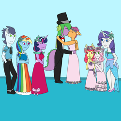 Size: 2048x2048 | Tagged: safe, artist:mintymelody, apple bloom, rainbow dash, rarity, scootaloo, soarin', spike, sweetie belle, twilight sparkle, anthro, g4, 1000 hours in ms paint, bridesmaid, bridesmaid dress, bridesmaids, clothes, dress, female, flower filly, flower girl, flower girl dress, hat, high res, kissing, male, ship:scootaspike, ship:soarindash, shipping, straight, top hat, tuxedo