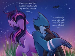 Size: 2048x1548 | Tagged: safe, artist:kaifu_ato, twilight sparkle, bird, blue jay, pony, unicorn, anthro, g4, aeroplanes and meteor showers, airplanes (song), crossover, crossover shipping, crying, female, floppy ears, male, mare, meme, mordecai, mordetwi, plane, redraw mordetwi meme, regular show, shipping, song reference, straight