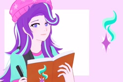 Size: 2048x1364 | Tagged: safe, artist:ssaannggggg, starlight glimmer, human, equestria girls, g4, beanie, book, clothes, hat, humanized, light skin, solo