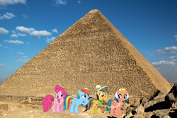 Size: 2376x1584 | Tagged: safe, artist:boneswolbach, artist:moongazeponies, artist:sketchmcreations, artist:xpesifeindx, daring do, pinkie pie, rainbow dash, somnambula, earth pony, pegasus, pony, g4, egypt, female, irl, mare, photo, ponies in real life, pyramids of giza, story included