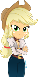 Size: 1000x2019 | Tagged: safe, artist:mr-breadman, applejack, equestria girls, g4, breasts, cleavage, crossed arms, female, show accurate, simple background, solo, transparent background, vector