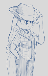 Size: 1288x2044 | Tagged: safe, artist:hitsuji, applejack, earth pony, anthro, g4, applejack's hat, clothes, cowboy hat, flannel, hat, jeans, looking offscreen, neckerchief, pants, solo, tail