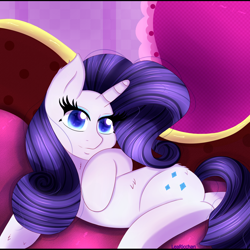 Size: 2000x2000 | Tagged: safe, artist:learicchan, rarity, pony, unicorn, g4, eyelashes, fainting couch, female, high res, horn, lying down, mare, smiling, solo