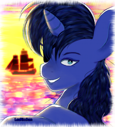 Size: 1000x1100 | Tagged: safe, artist:learicchan, oc, oc only, pony, unicorn, bust, eyepatch, grin, horn, male, ocean, outdoors, pirate ship, ship, smiling, solo, stallion, unicorn oc